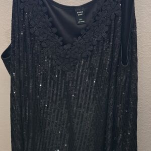 SHEIN Curve Black Sequin Floral V-Neck Tank